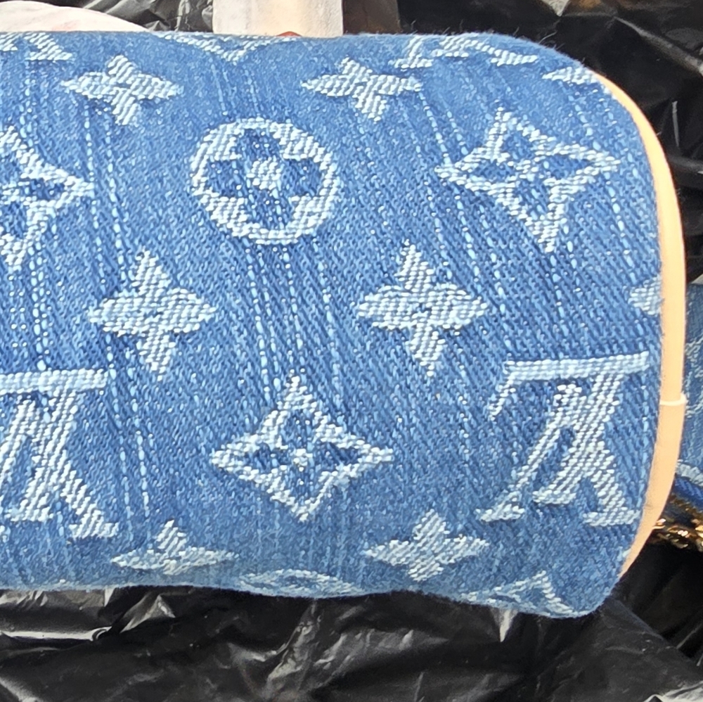 Blue Denim Monogram Micro Mini Bag with Tan Leather Trim - Picture 4 of 14